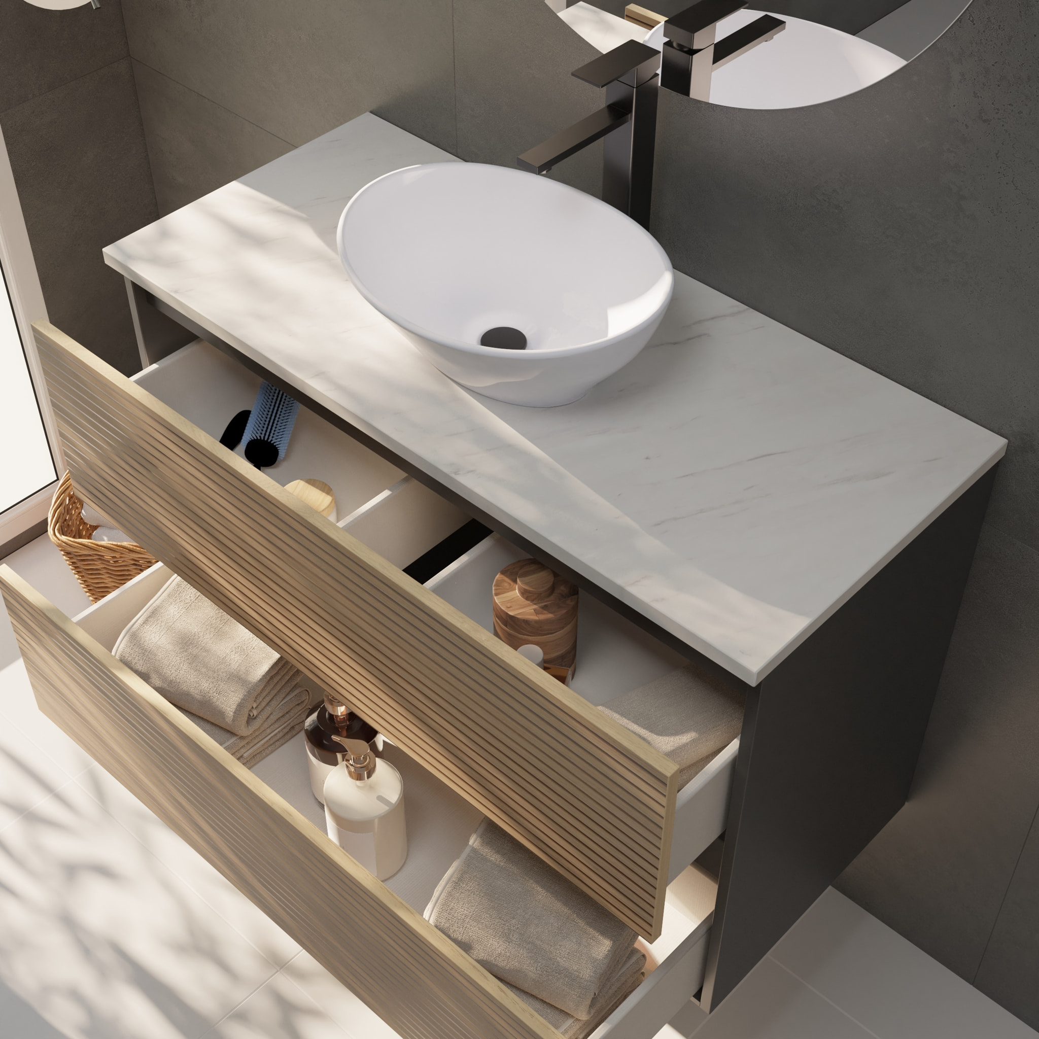 Conjunto de Baño Yinu | 100 cm Negro - Solomon | Dos Cajones | Lavabo sobre Encimera | No incluye Espejo | Alday