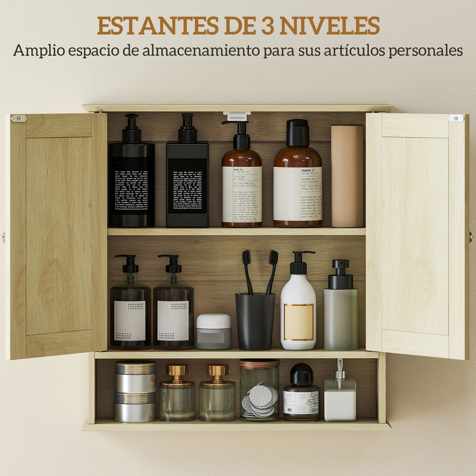 Armario de Baño con Espejo, Armario de Pared con 2 Puertas, Estante Abierto, Estante Ajustable, Mueble de Baño Colgar para Cocina, Salón, 56x13x58 cm, Natural