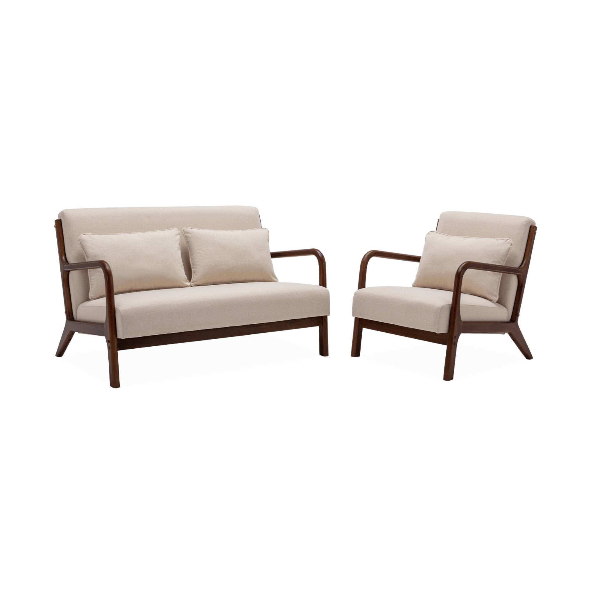 Banquette 2 places tissu beige. pieds bois d'hévéa teinté noyer clair. droit fixe. pieds compas scandinave