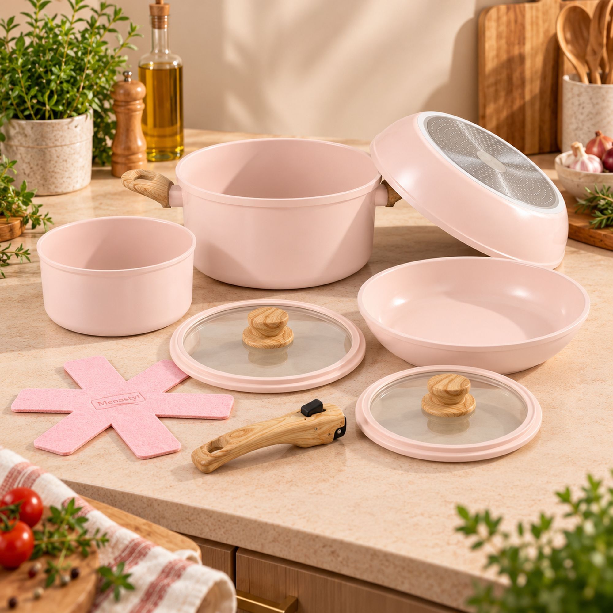 Batterie de cuisine amovible 8 pièces rose en aluminium recyclé COLORAMA