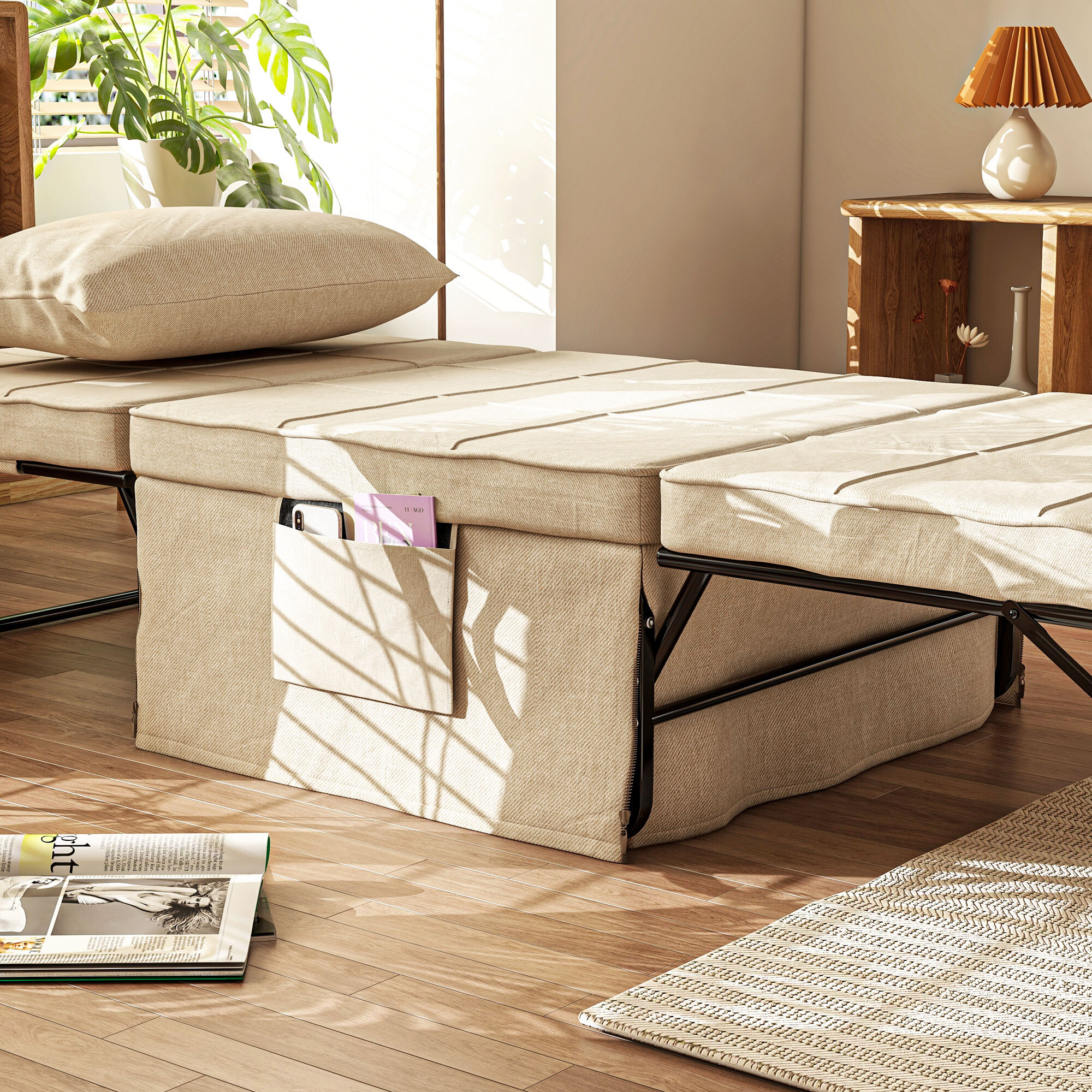 Sofá Cama de 1 Plaza 4 en 1, Sillón Cama Plegable, Otomana, Tapizado en Lino, con Respaldo Ajustable de 5 Niveles, Almohada Acolchada, para Oficina, Dormitorio, Salón, 75x80x74 cm, Crema