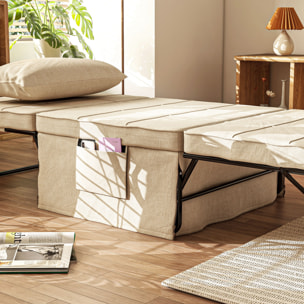 Sofá Cama de 1 Plaza 4 en 1, Sillón Cama Plegable, Otomana, Tapizado en Lino, con Respaldo Ajustable de 5 Niveles, Almohada Acolchada, para Oficina, Dormitorio, Salón, 75x80x74 cm, Crema
