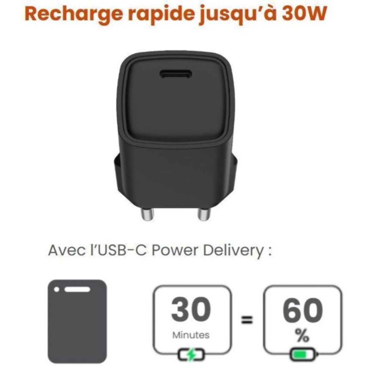 Chargeur ESSENTIELB 30W GaN + charge rapide USB-C Noir