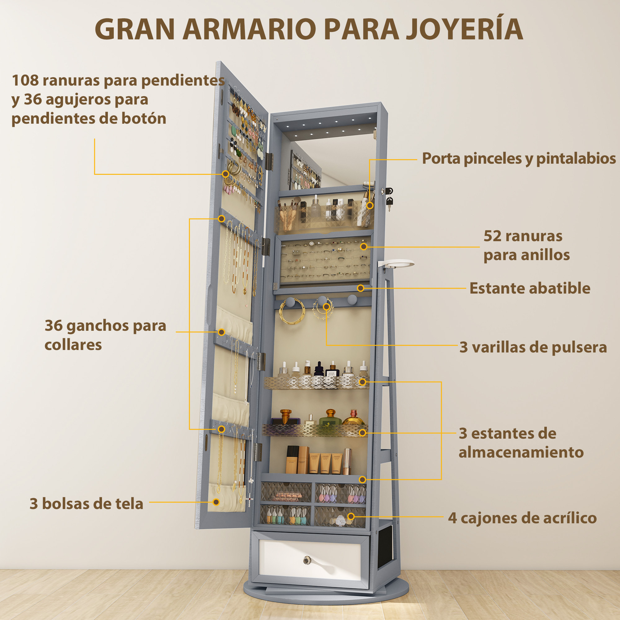 Espejo Joyero con Luces LED, Armario para Joyas, Armario Joyero con Espejo Entero, Giratorio de 360°, Cajón, Cerradura, Estantes Abiertos, Soporte para Secador, Gris Claro
