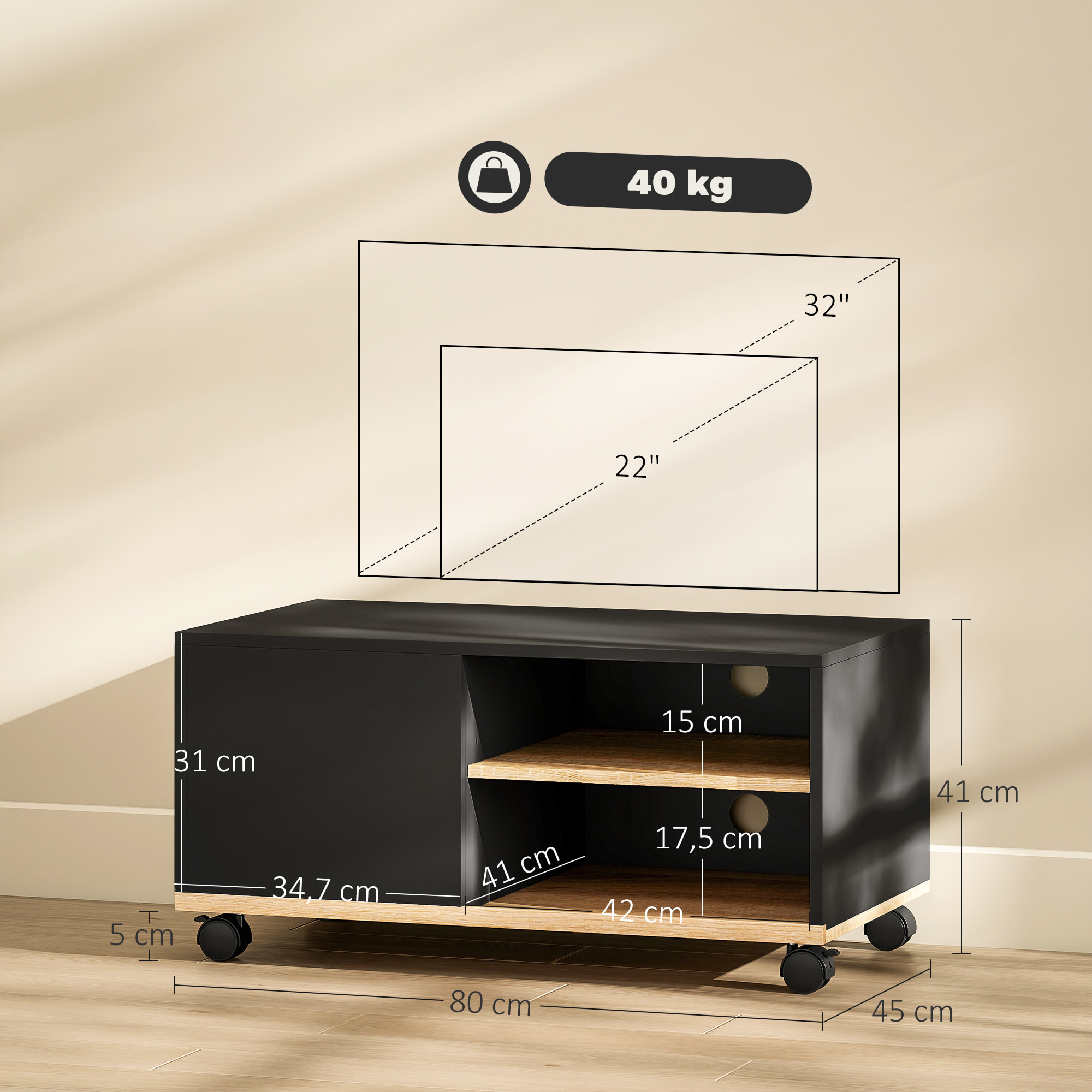 Mueble de TV con Ruedas, Mesa de TV Móvil, Mueble para Televisión hasta 42 Pulgadas, con 1 Puerta, 2 Compartimentos Abiertos, Estante Ajustable, para Salón, Comedor, Dormitorio, Negro