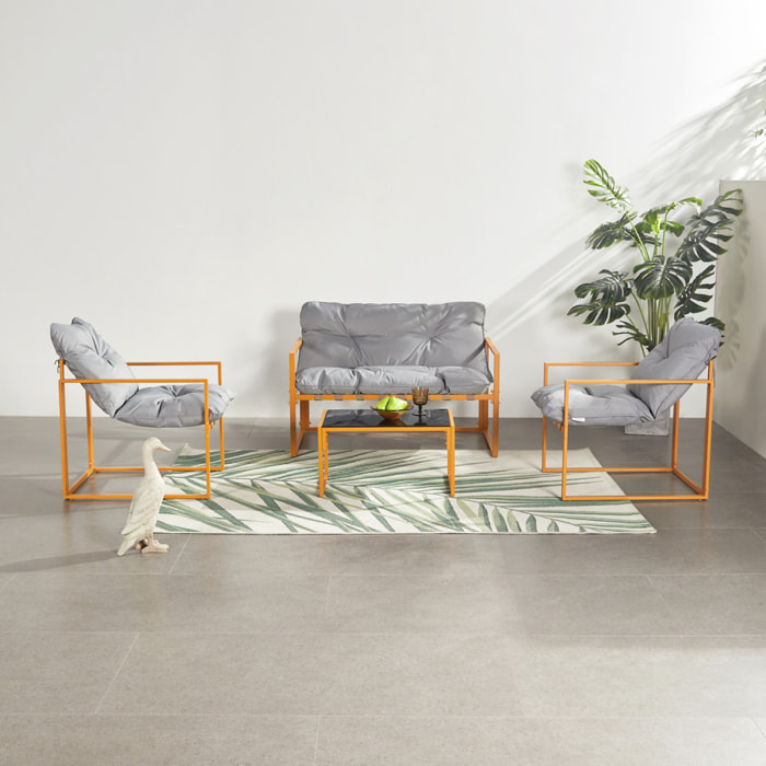 LANA Salon de jardin 4 places contemporain brun et coussins gris