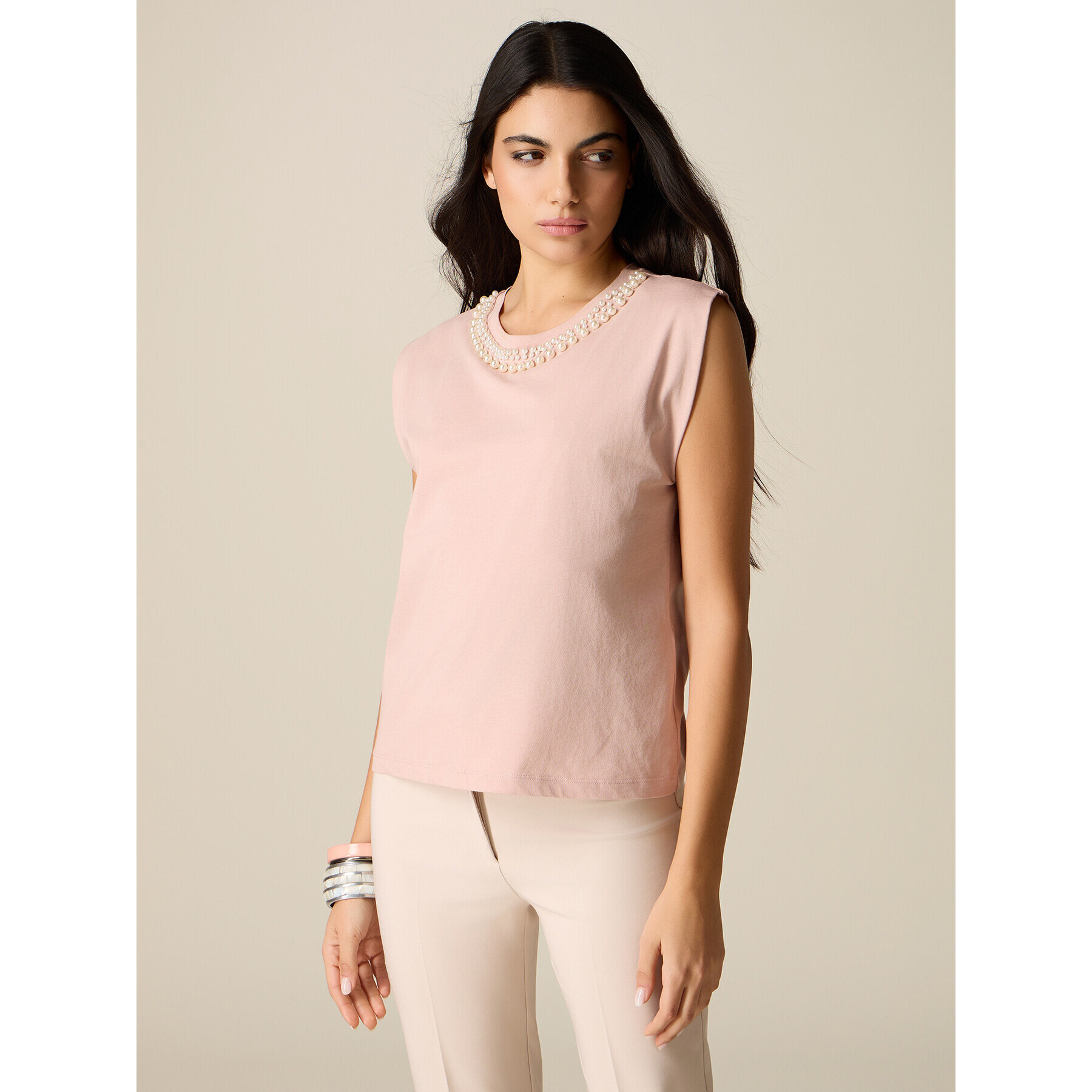 Oltre - T-shirt in cotone con perle - Rosa