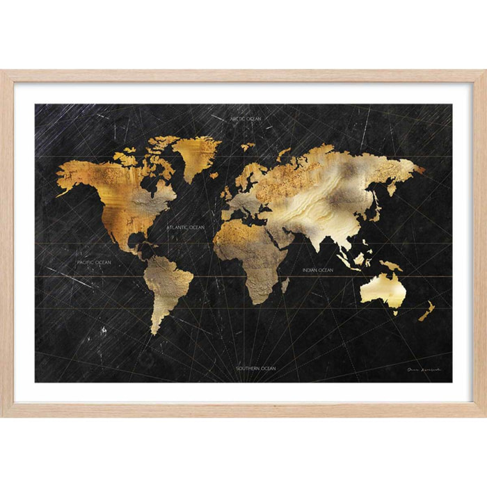 Affiche Carte du monde dorée Affiche + cadre en bois - Chêne