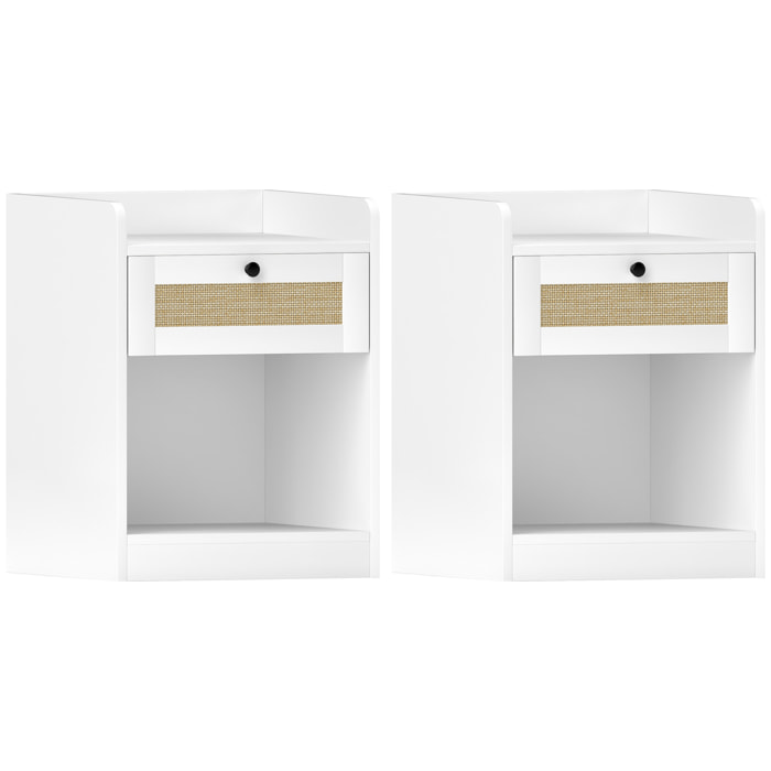 Juego de 2 Mesitas de Noche con Cajón con Frontal de Ratán Mesillas de Noche para Dormitorio para Habitación Hogar 40x40x53 cm Blanco