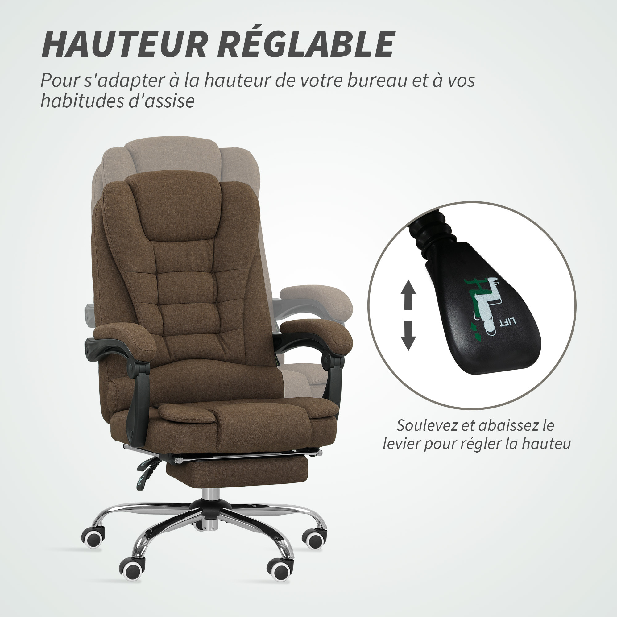 Fauteuil de bureau manager grand confort repose-pied dossier inclinable accoudoirs rembourrés lin beige