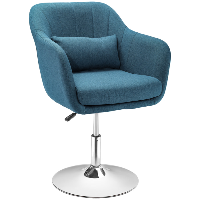 Fauteuil lounge design grand confort coussins lombaires hauteur réglable pivotant 360° piètement métal chromé lin bleu canard