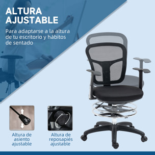 Silla de Dibujo Ergonómica de Malla Silla de Escritorio Giratoria con Reposabrazos Anillo de Reposapiés Ajustable y Altura del Asiento para Salón Oficina 59x59x95-115 cm Negro