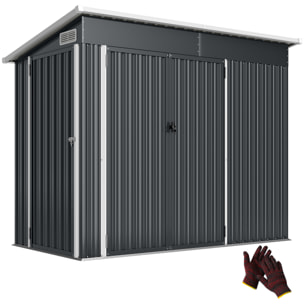 Abri de jardin en métal, cabane de jardin extérieure 234 x 132 x 185 cm, triple porte verrouillable, toit incliné, aérations et gants, cabanon rangement outils en acier galvanisé, gris foncé