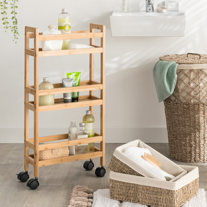 Desserte étroite 3 niveaux à roulettes Bambou