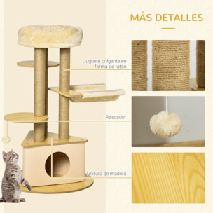 Rascador para Gatos Ø60x99 cm con Cueva Triangular de Fieltro Extraíble y Hamaca