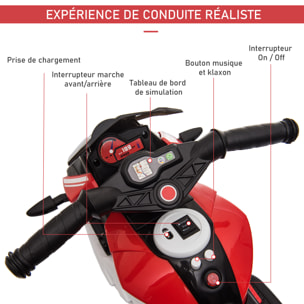 Moto électrique pour enfants 3 roues 6 V 3 Km/h effets lumineux et sonores rouge