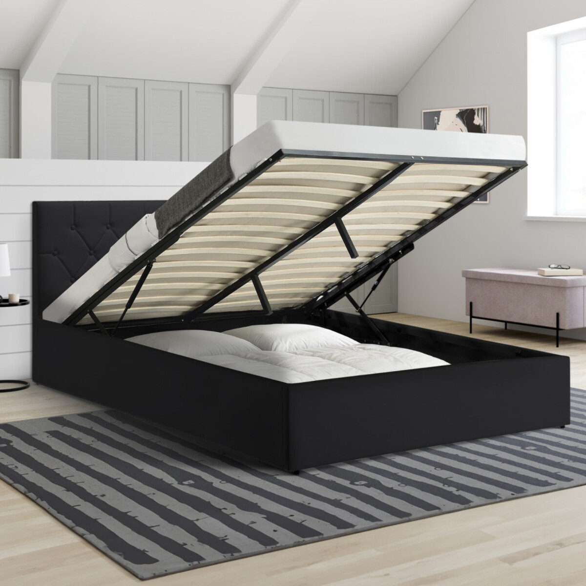 Lit coffre Hannah PVC avec sommier - Noir
