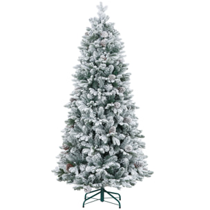 Sapin de Noël artificiel H.180 cm 1489 branches enneigées 33 pommes de pin métal PVC PE vert blanc