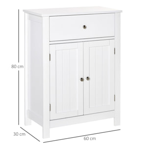 kleankin Armario de Baño con 1 Cajón 2 Puertas y Estante Interior Ajustable Mueble Auxiliar de Almacenaje Multifuncional para Salón Cocina Antivuelco 60x30x80 cm Blanco