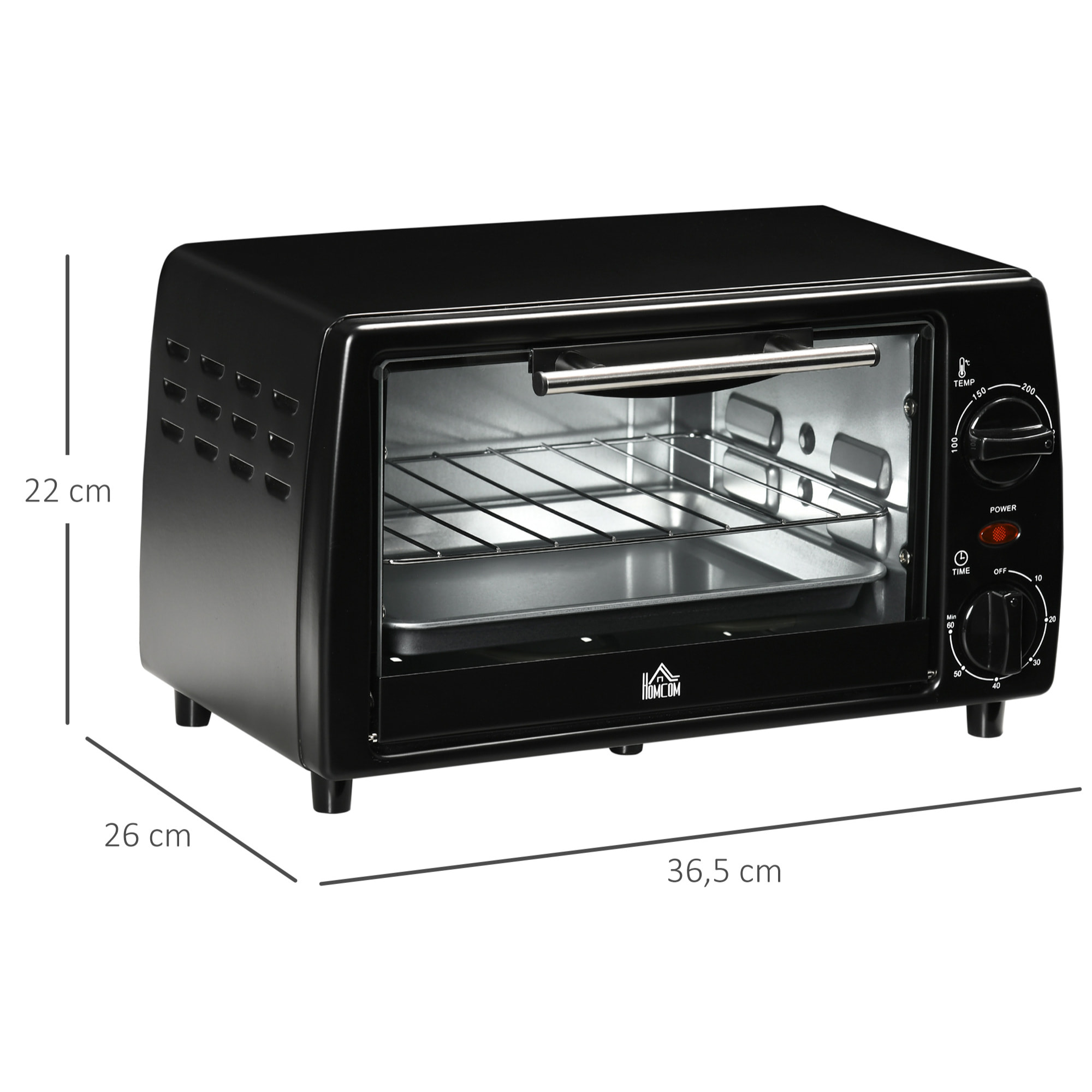 Horno Eléctrico Sobremesa 10 Litros 750W Horno Eléctrico Pequeño con Temperatura hasta 230 ℃ Temporizador 60 Minutos Bandeja y Rejilla 36,5x26x22 cm Negro