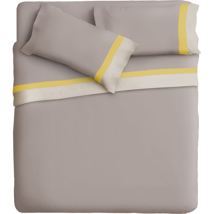 Completo letto doppia balza RASO IPERSAN Puro Cotone Panna/Ocra fondo Tortora