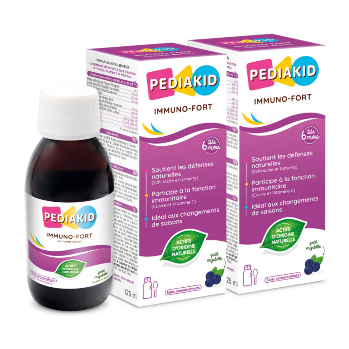 PEDIAKID - Sirop Immuno-Fort - Complément Alimentaire Naturel - Formule Exclusive au Sirop d'Agave - Aide à Soutenir les Défenses Naturelles de l'Organisme - Goût Myrtille - Lot de 2 flacons