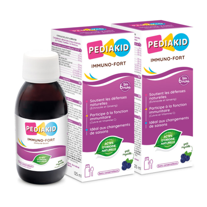 PEDIAKID - Sirop Immuno-Fort - Complément Alimentaire Naturel - Formule Exclusive au Sirop d'Agave - Aide à Soutenir les Défenses Naturelles de l'Organisme - Goût Myrtille - Lot de 2 flacons