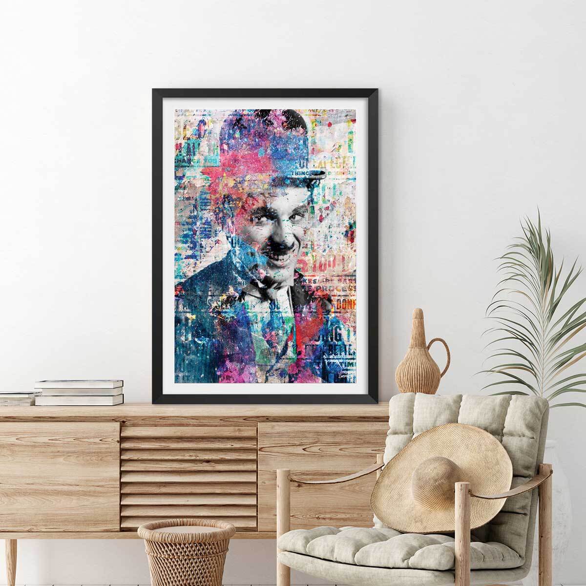 Affiche illustration graffiti chaplin Affiche sous cadre noir