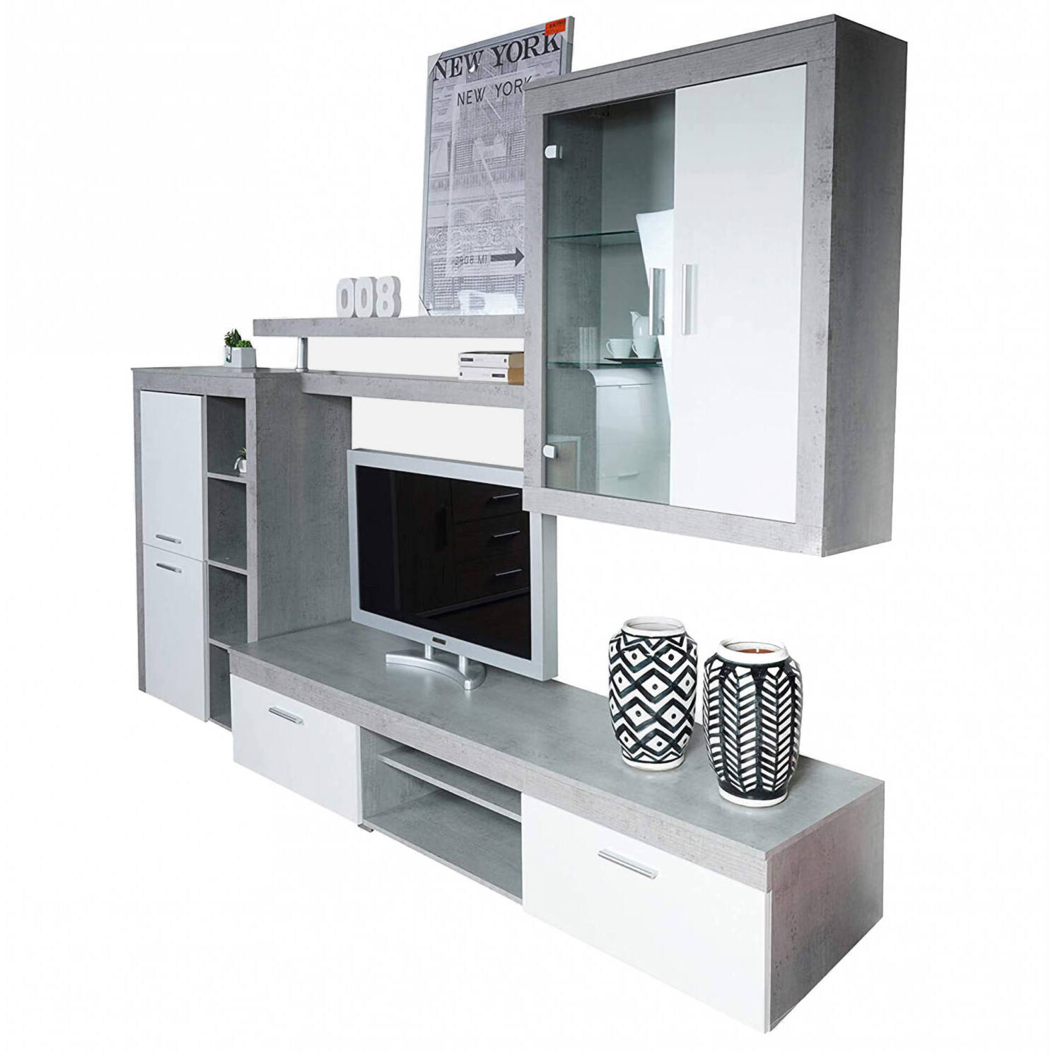 Parete attrezzata da soggiorno, Mobile porta TV, scaffali e vetrinetta, Salotto moderno completo, Made in Italy, cm 293x50h144, colore Bianco e Cemento