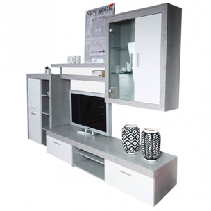 Parete attrezzata da soggiorno, Mobile porta TV, scaffali e vetrinetta, Salotto moderno completo, Made in Italy, cm 293x50h144, colore Bianco e Cemento