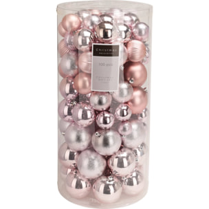set de 100 bolas de navidad color rosa en tubo pet con diferentes diseños y acabados