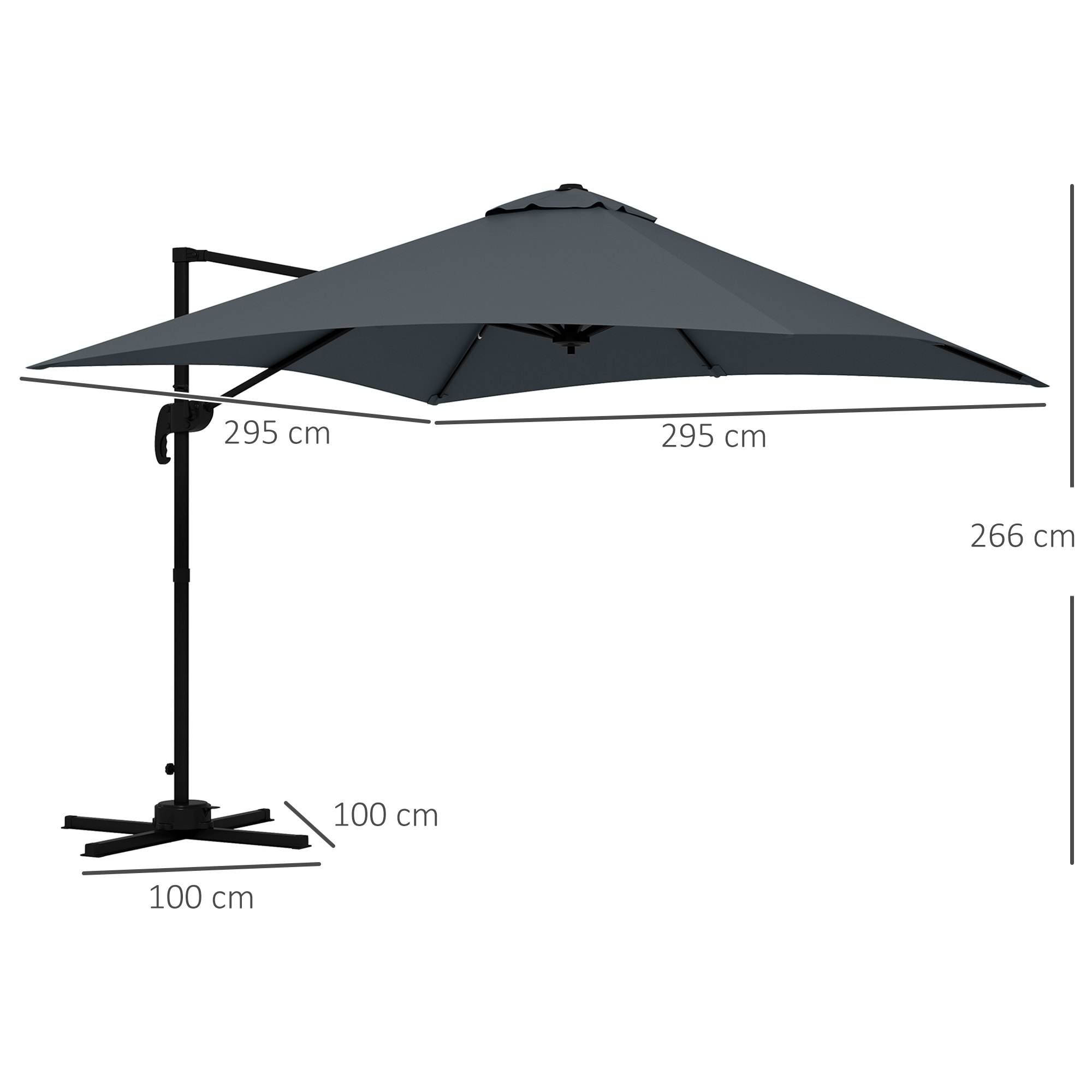 Parasol déporté carré inclinable pivotant 360° manivelle piètement acier dim. 2,95L x 2,95l x 2,66H m gris