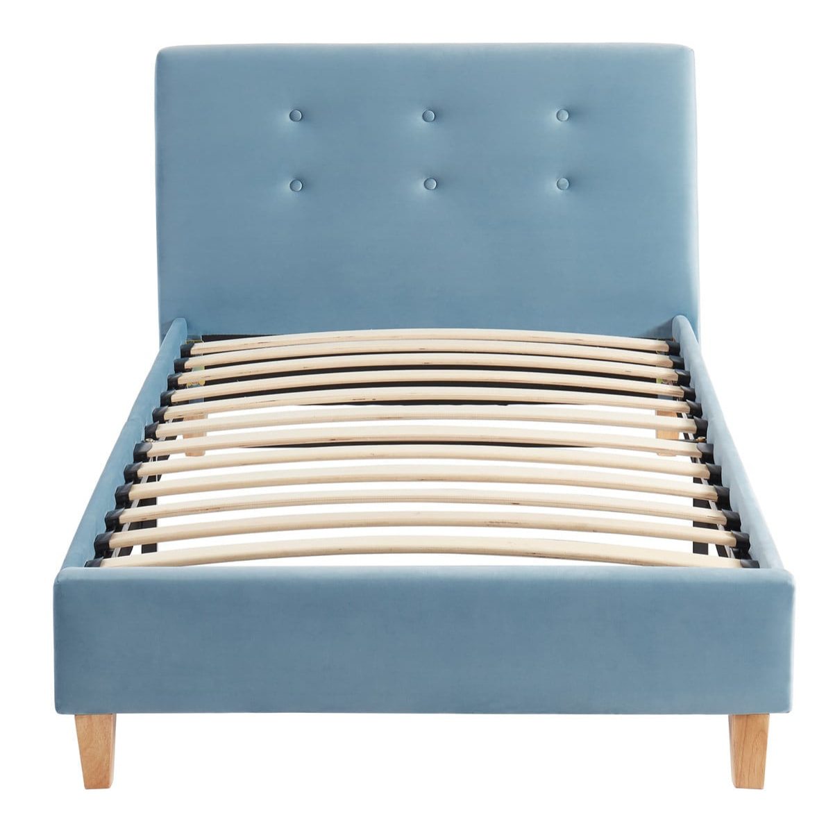 Ensemble lit enfant 90x190cm + matelas Memo HR avec tête de lit capitonnée en velours bleu - sommier à lattes - Milo