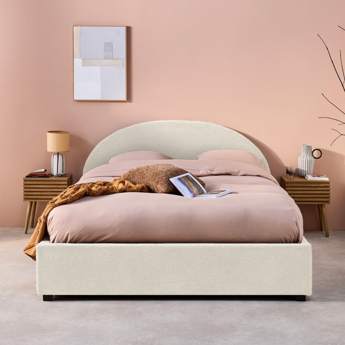 Lit coffre avec sommier à lattes et tête de lit. finition bouclette. blanc. L 206 x P 153.5 x H 102cm