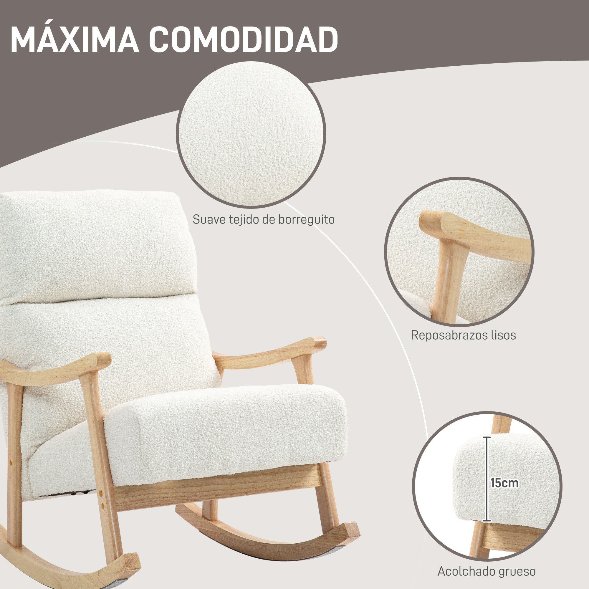 Mecedora de Borreguito Moderna Silla Mecedora con Patas y Reposabrazos de Madera de Haya Respaldo Alto Mecedora para Lactancia Carga 120 kg para Dormitorio Salón Crema