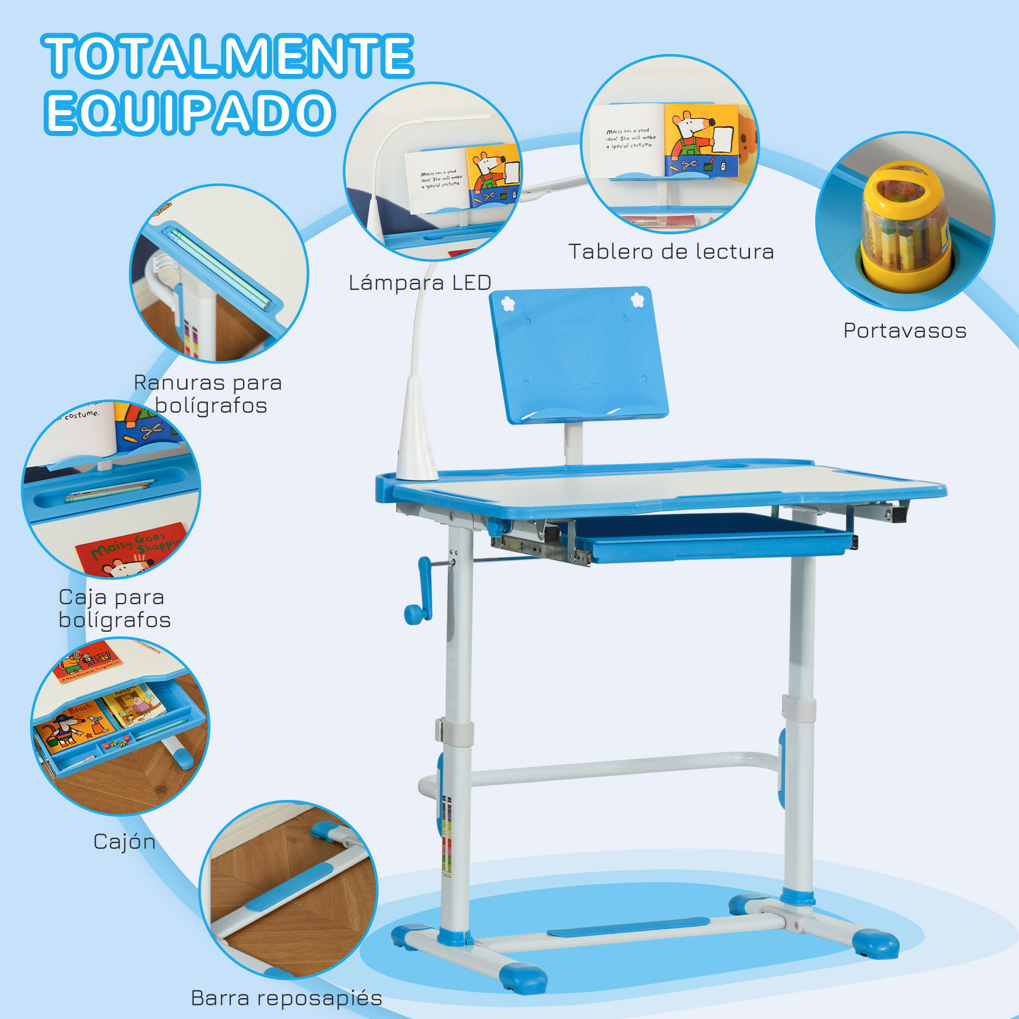 Juego de Escritorio y Silla para Niños de +6 Años Pupitre Infantil con Altura Ajustable Mesa Inclinable Cajón Lámpara LED y Portalápices 80x49,5x82-104 cm y 35,5x43,5x63-73 cm Azul