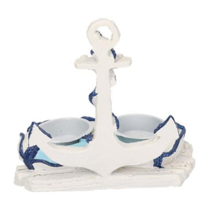 Portacandele mare in resina bianco e azzurro ancora 2 posti cm13x9h13