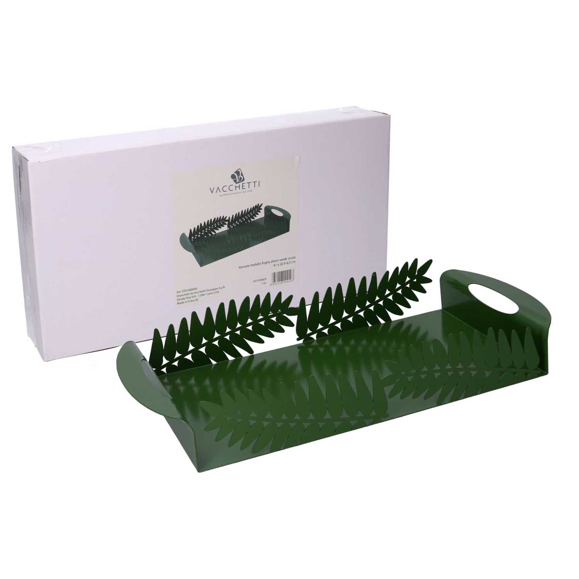 Vassoio in metallo foglia d'alloro verde scuro rettangolare cm41x20h6,5