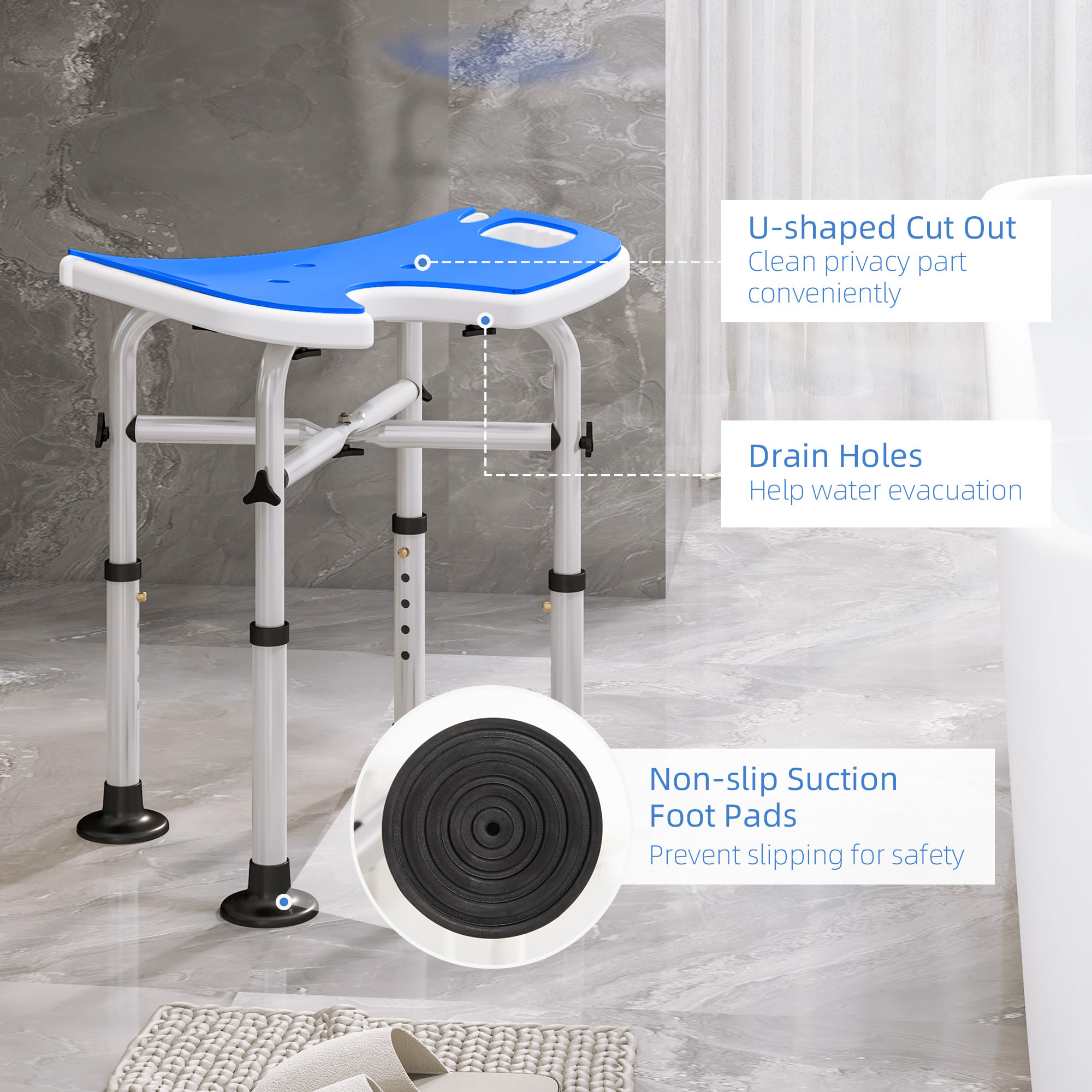 Tabouret de douche - siège de douche avec barre d'appui ventouse - hauteur réglable - alu HDPE bleu blanc