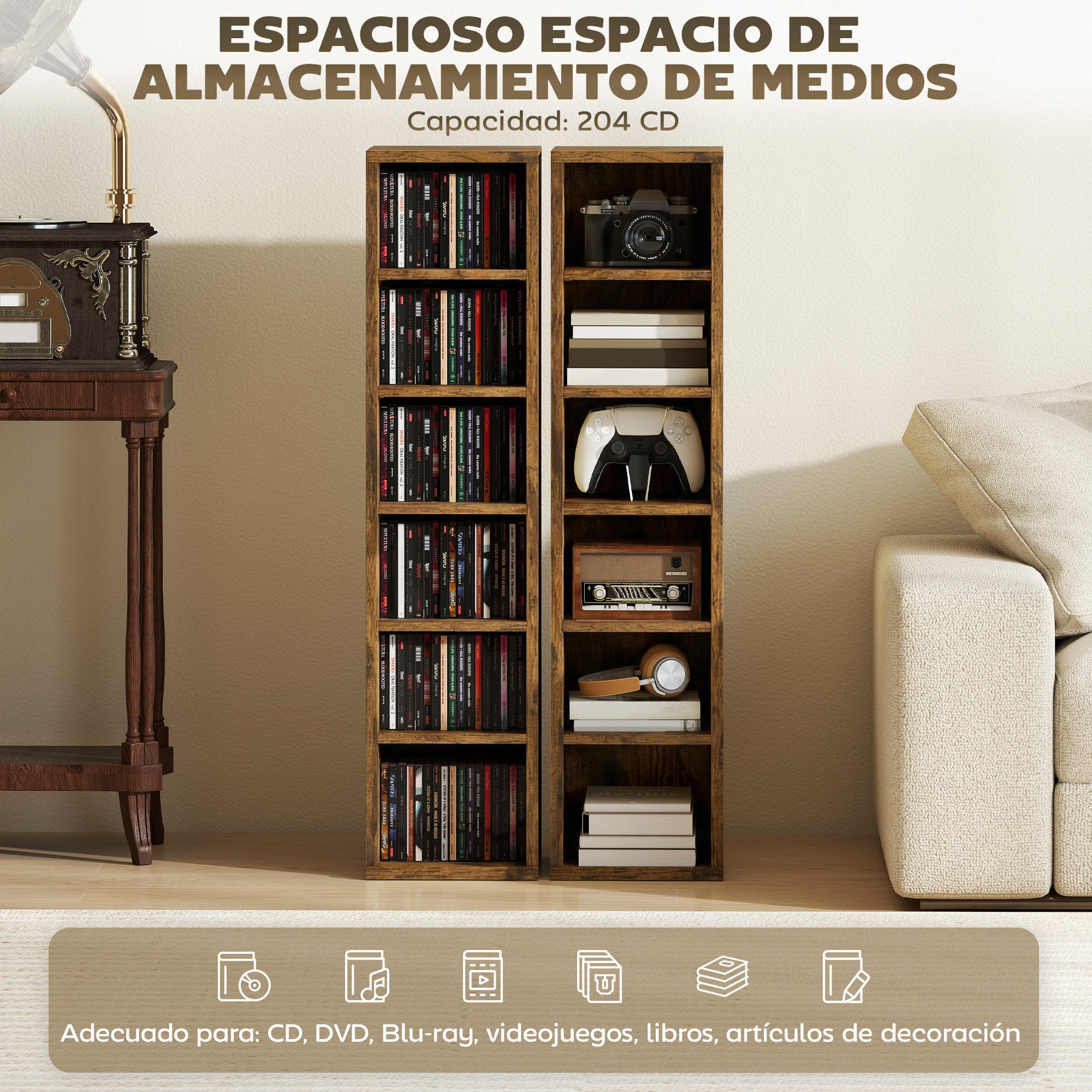 Set de 2 Estanterías para CDs y DVDs, Soportes para CD Estrechos con 12 Compartimentos, Estantes Ajustables, Estanterías para Salón, Oficina, 21x22,5x88,5 cm, Marrón Rústico