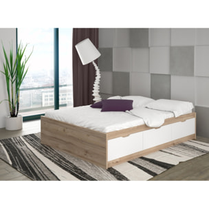Lit double 140x190cm avec tiroirs effet bois chêne naturel et blanc mat - WANDA