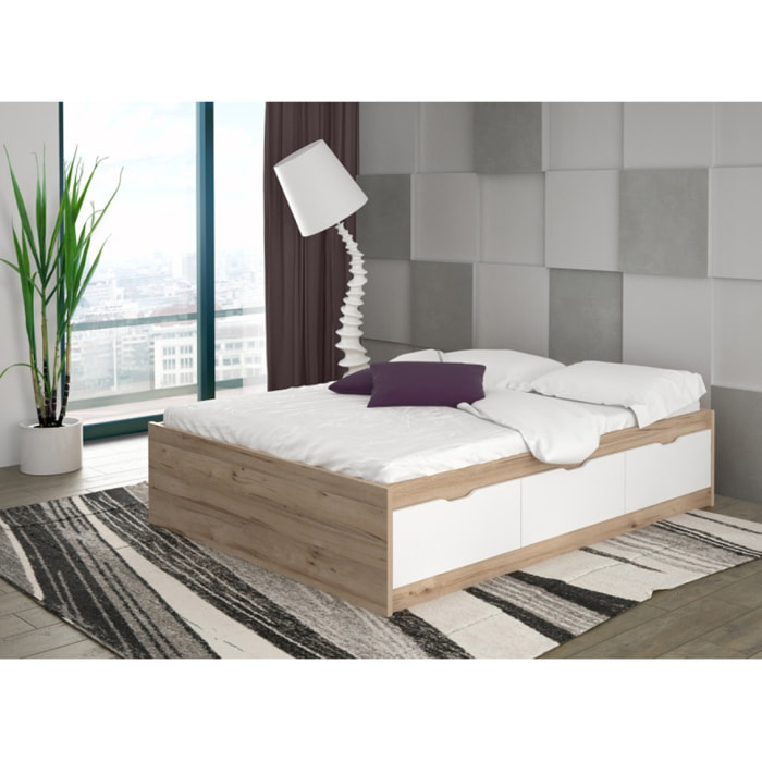 Lit double 140x190cm avec tiroirs effet bois chêne naturel et blanc mat - WANDA
