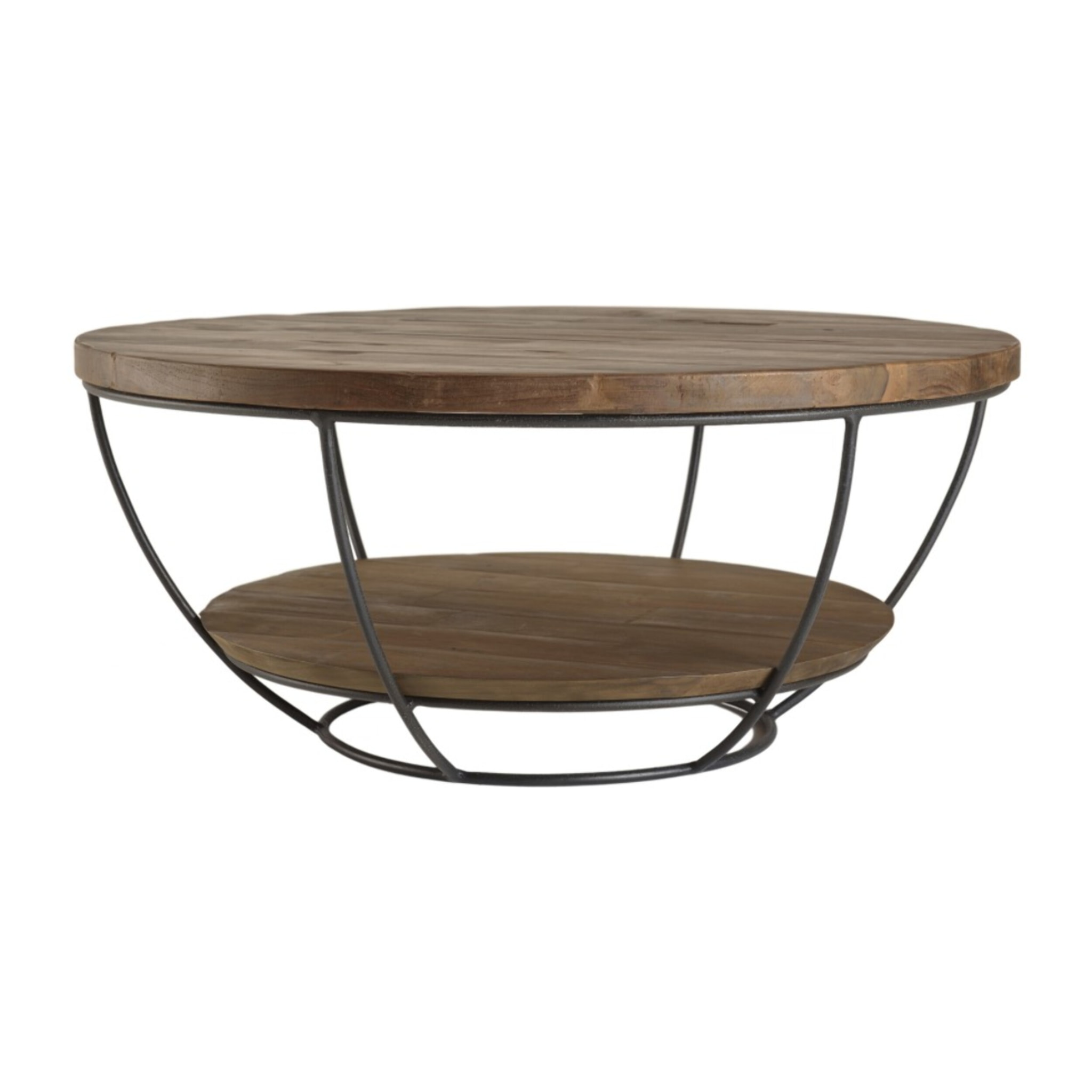 SIXTINE - Table basse coque ronde 80x80cm double plateau teck recyclé métal noir