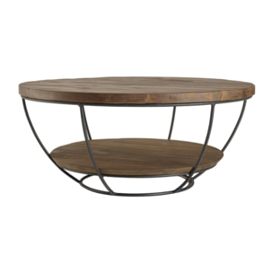 SIXTINE - Table basse coque ronde 80x80cm double plateau teck recyclé métal noir