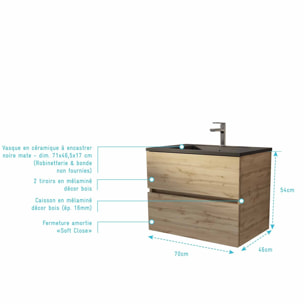 Meuble de salle de bains suspendu 70 cm TIMBER - Décor Chêne Naturel 2 tiroirs avec Vasque noire