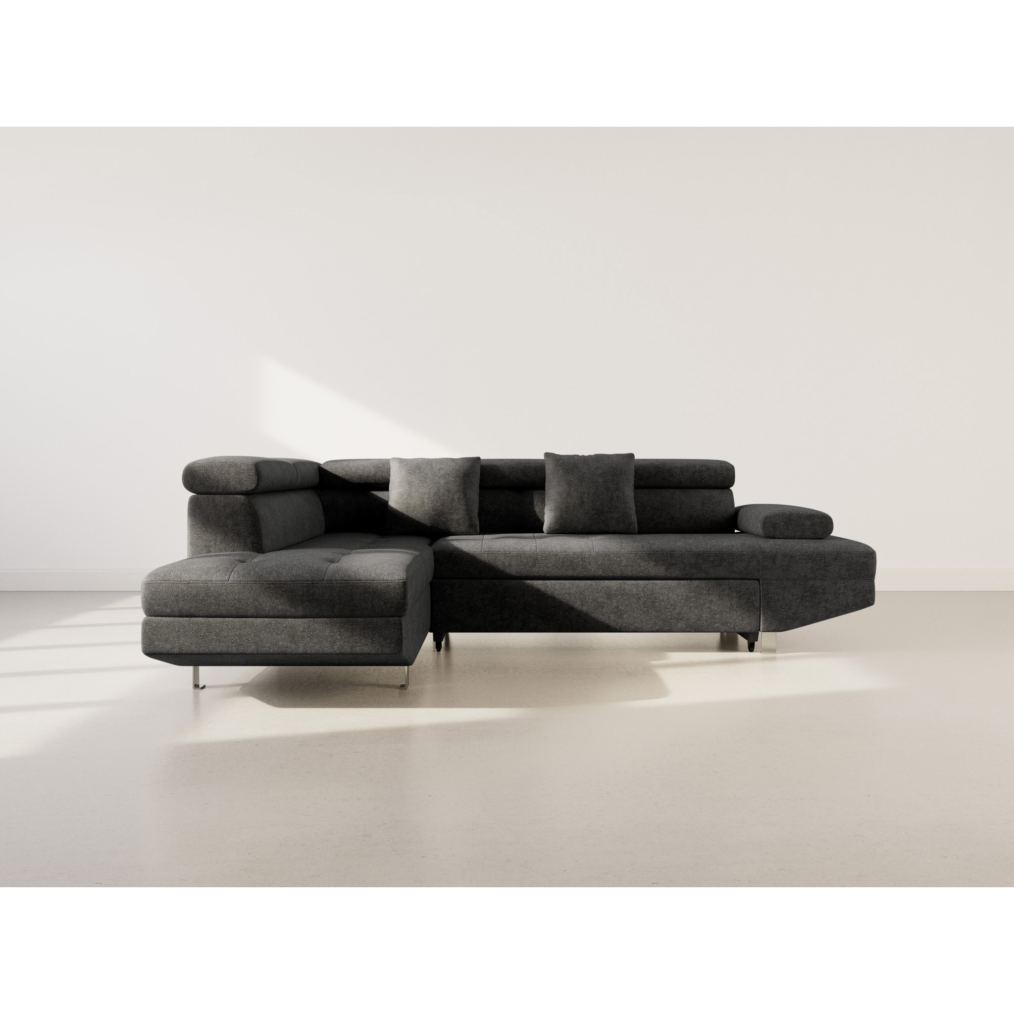 Margaux - Canapé d'angle gauche 5 places convertible avec coffre et têtières réglables en velours texturé - Noir