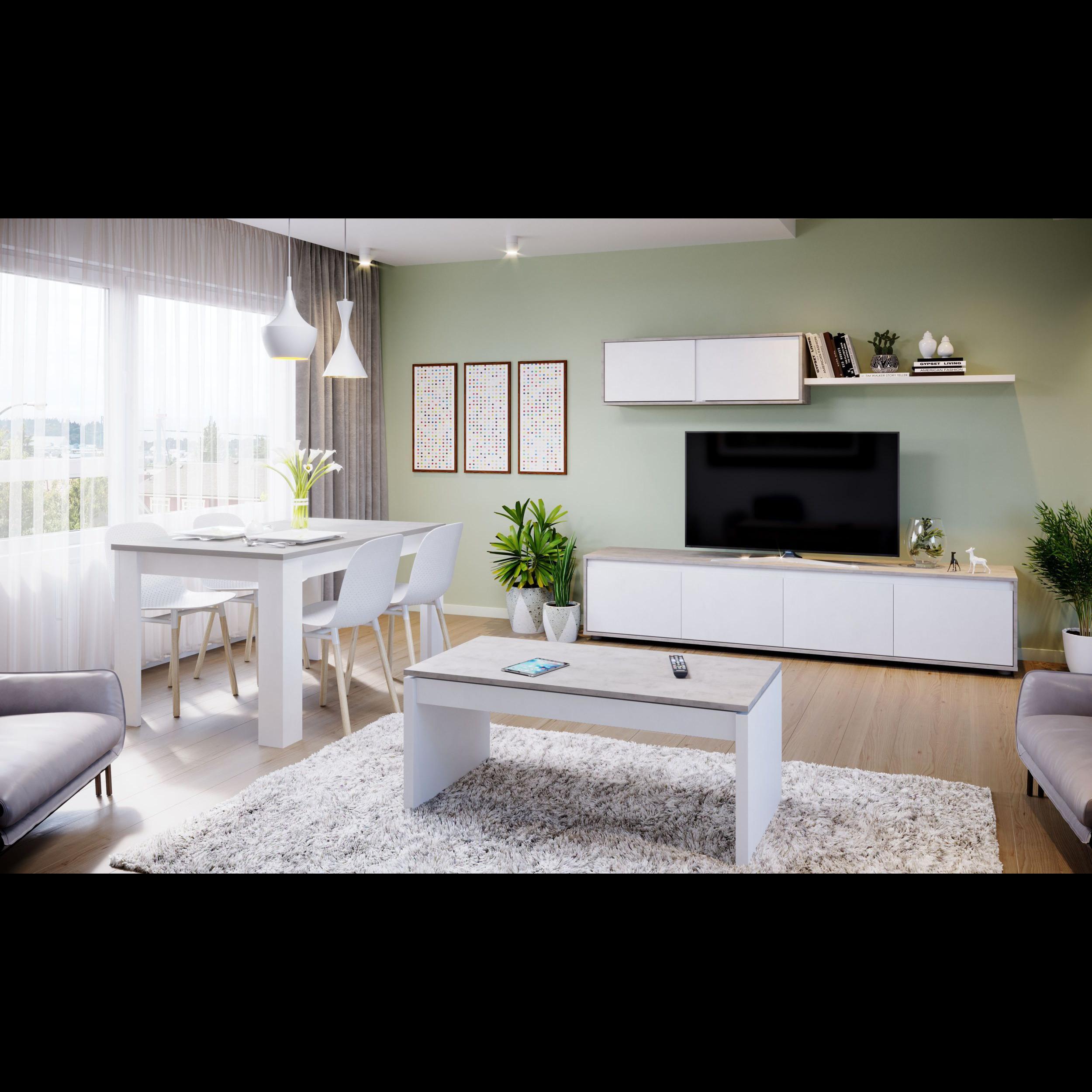 Parete Attrezzata Ginevra Mobile Soggiorno TV con Mensole Salotto Legno Base Televisione Sala da Pranzo Design Moderno 200x41x43 cm Bianco e Cemento