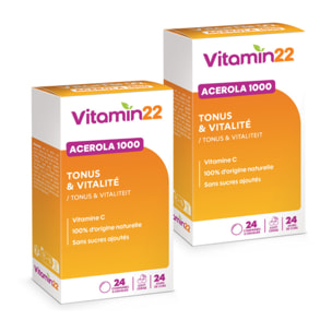 VITAMIN'22 - Acerola 1000 - Complément alimentaire à base d'Acérola- Vitamine C 100% d'origine naturelle - Sans sucre - Sans gluten - Goût Cerise - Cure de 24 j - Lot de 2 produits