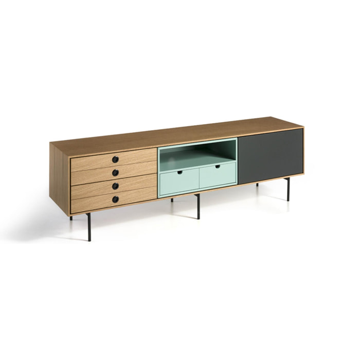 Mueble TV HAMBURGO - 6 cajones y 1 puerta - gris, roble y azul celeste - 170x40x51cm