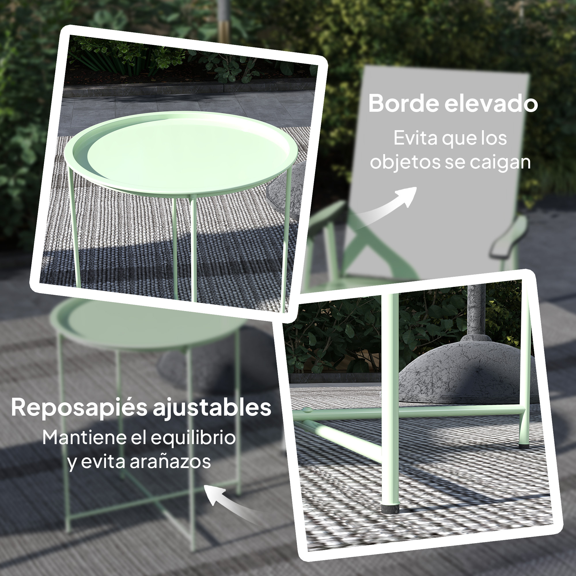 Mesa Auxiliar Redonda Mesa de Jardín Exterior con Bandeja Extraá­ble Patas Plegables Mesa para Exterior Terraza Patio Ø46x53 cm Verde